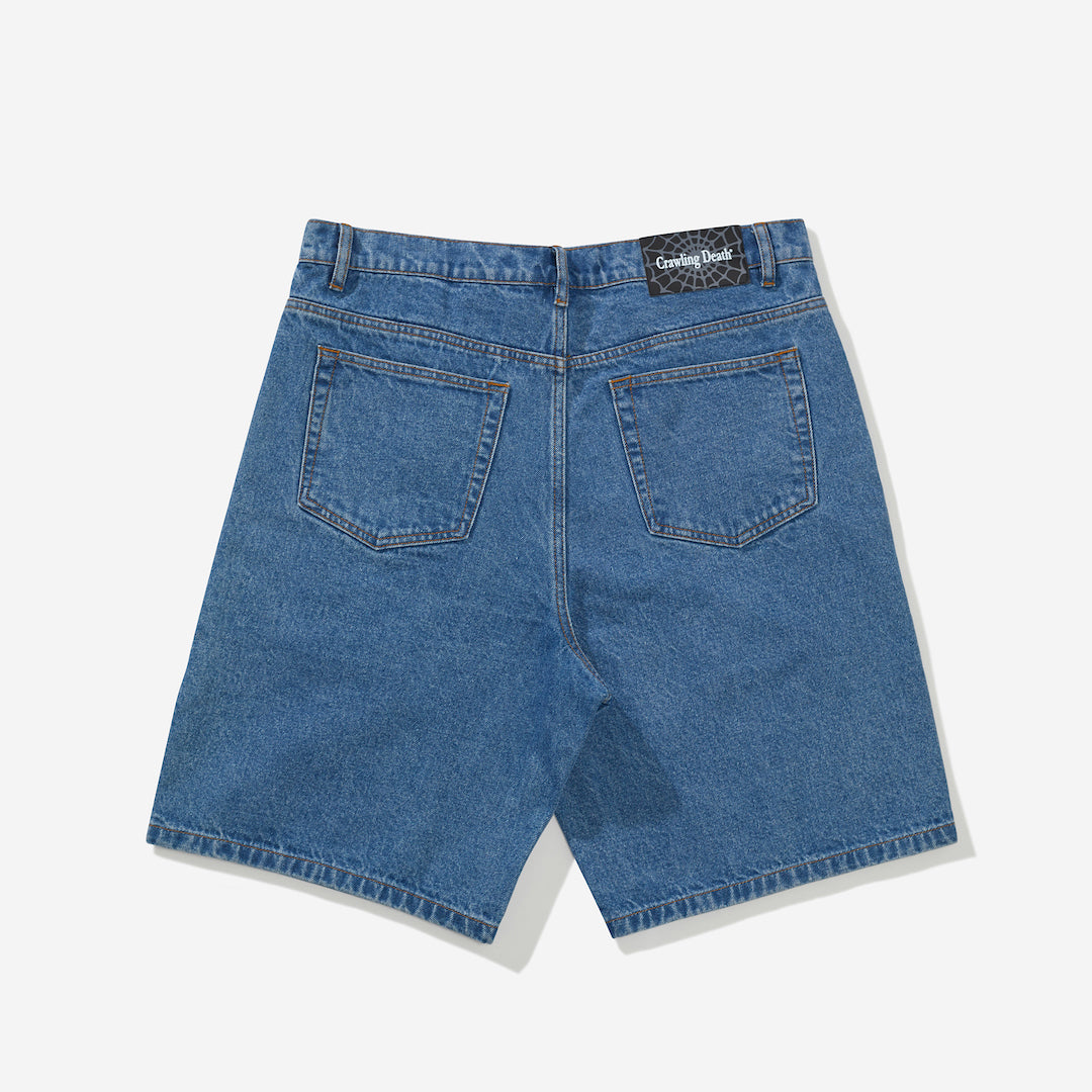 Crawling Death Web Denim Shorts Mid Blue