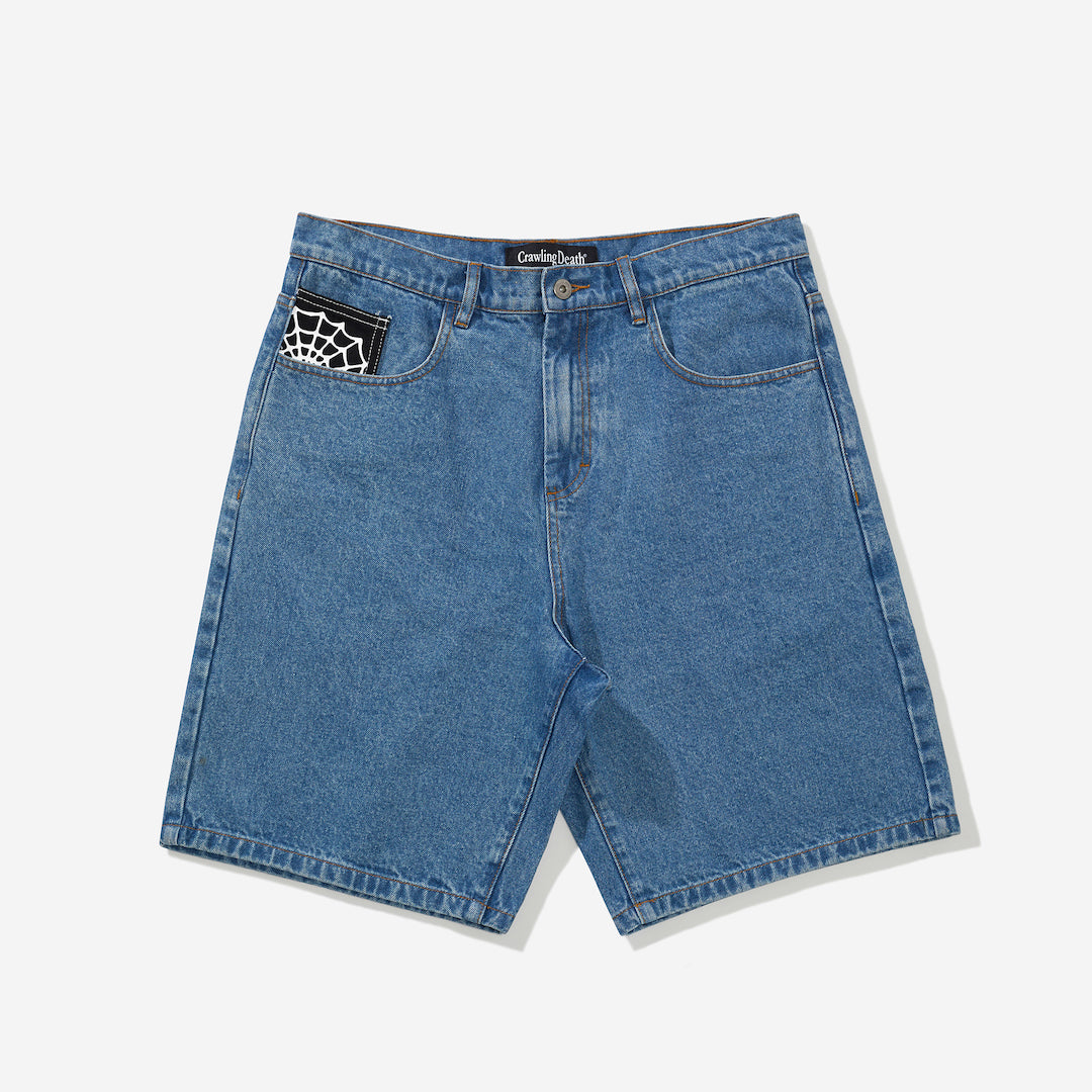 Crawling Death Web Denim Shorts Mid Blue